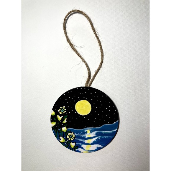 Hand Crafted Wooden Christmas Ornament with Moon, Starry Sky, lake, and flowers - Picture 2 of 4